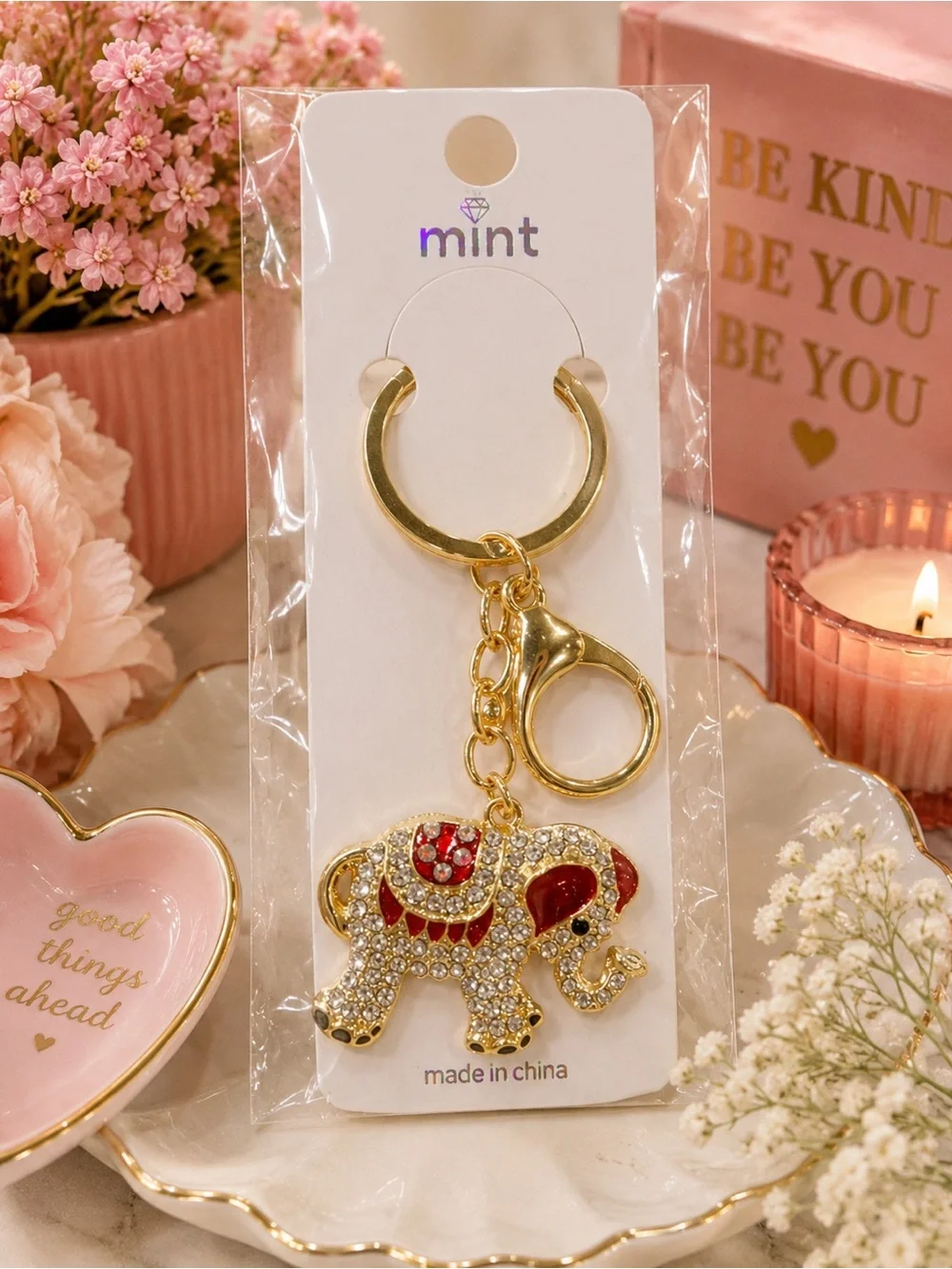 Mint Gold-Tone Elephant Keychain with Red Accents